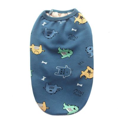 Pet plush vest for pets in blue with colorful dinosaur prints, sizes S/M/L on Tampa Home & Garden Store