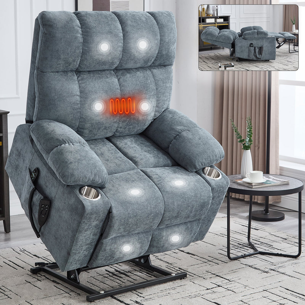 Grey chenille power lift recliner chair by HouseOfZazla with massage and cupholders on Tampa Home & Garden Store