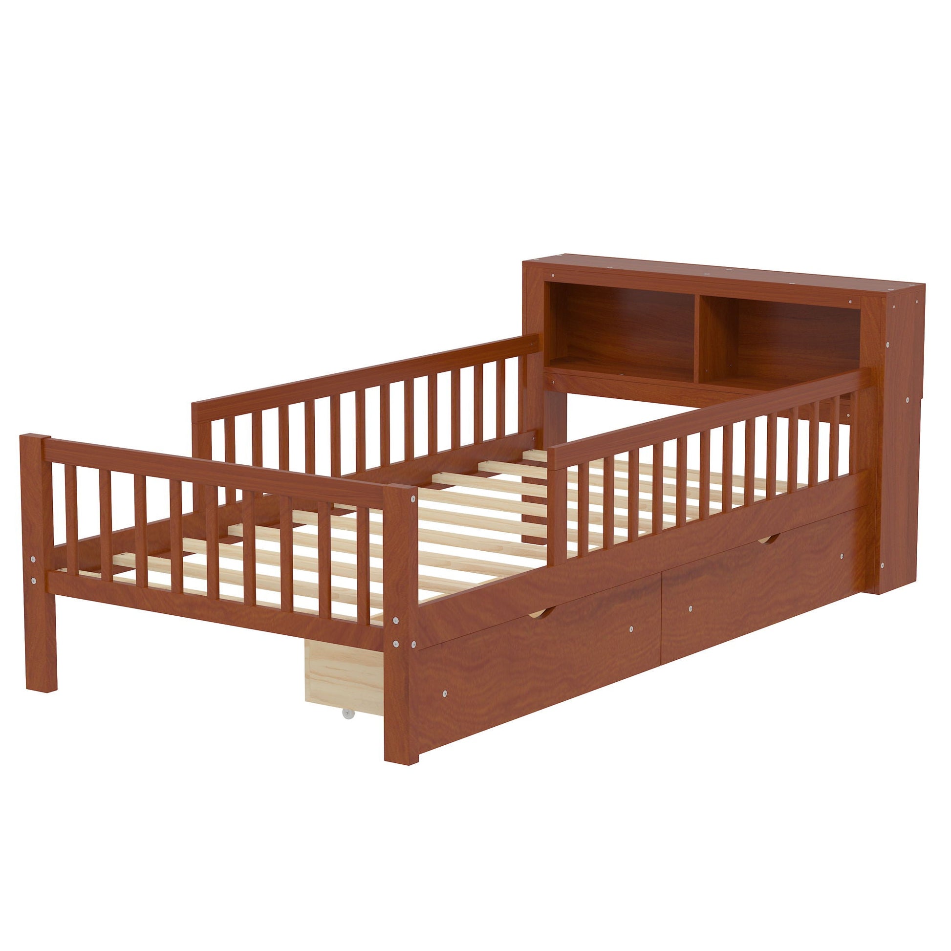 Bed with headboard storage rack, 2 under-bed drawers 3 side guardrails in warm wood HouseOfZazla on Tampa Home & Garden Store