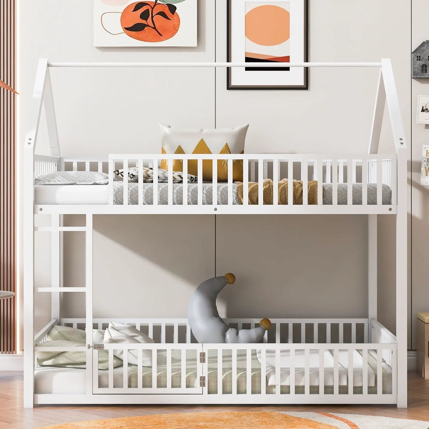 Metal House Bunk Bed with Fence and Door