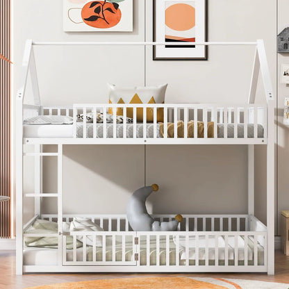 Metal House Bunk Bed with Fence and Door