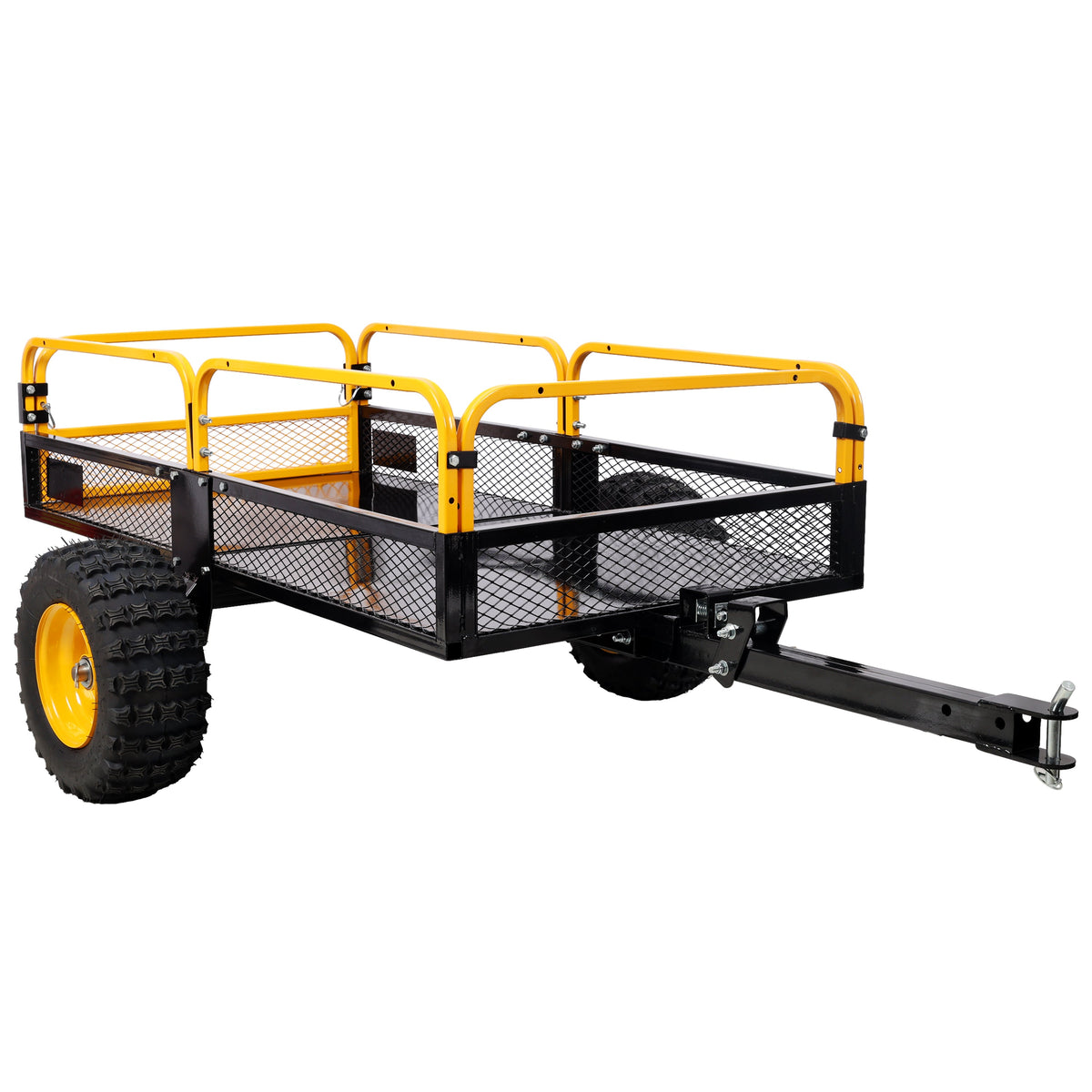 Heavy-Duty Tow-Behind Dump Cart, steel bed, black frame and yellow rails by HouseOfZazla on Tampa Home & Garden Store