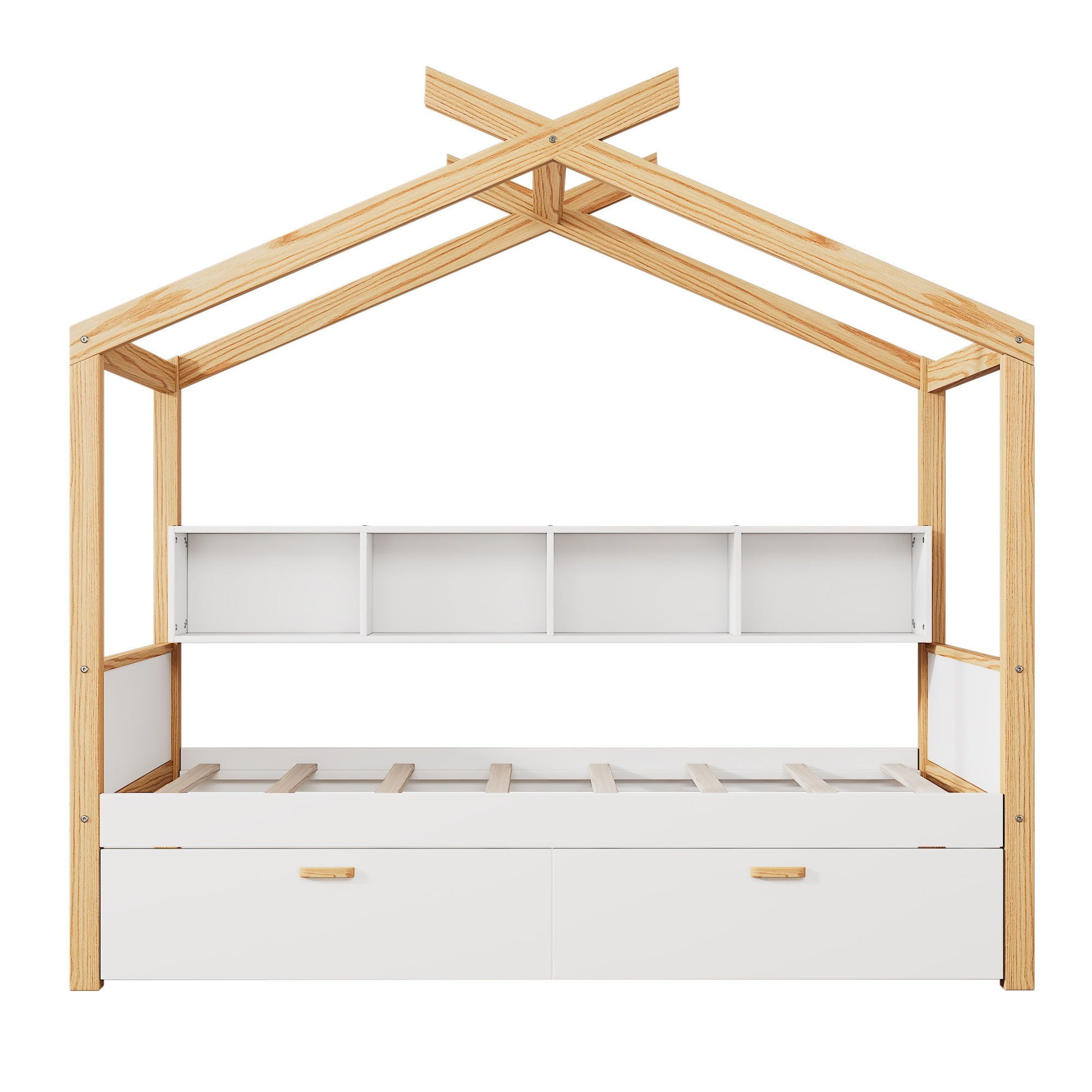House Bed With Bookshelf Storage wooden bed frame in natural finish with white built-in cubby storage on Tampa Home & Garden Store
