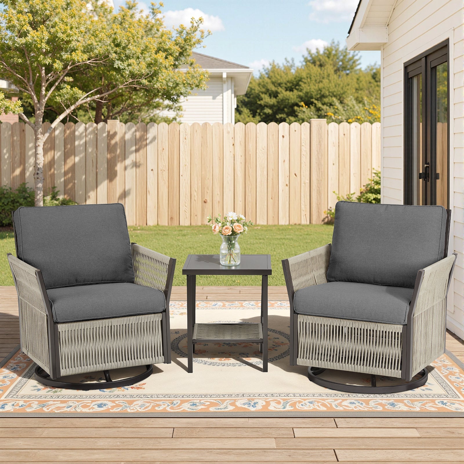HouseOfZazla swivel outdoor chairs set of 2 with side table, gray wicker patio furniture on Tampa Home & Garden Store