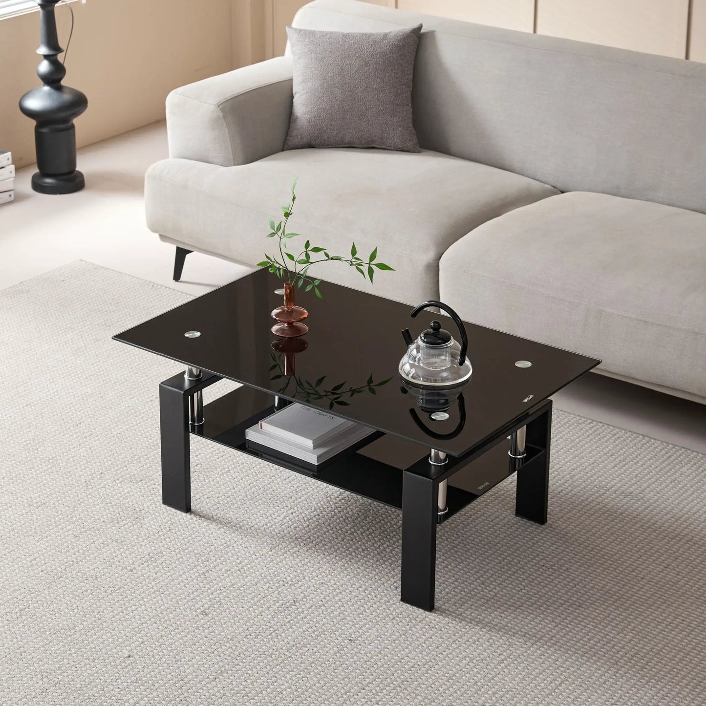 Tempered Glass Table With Storage For Living Room