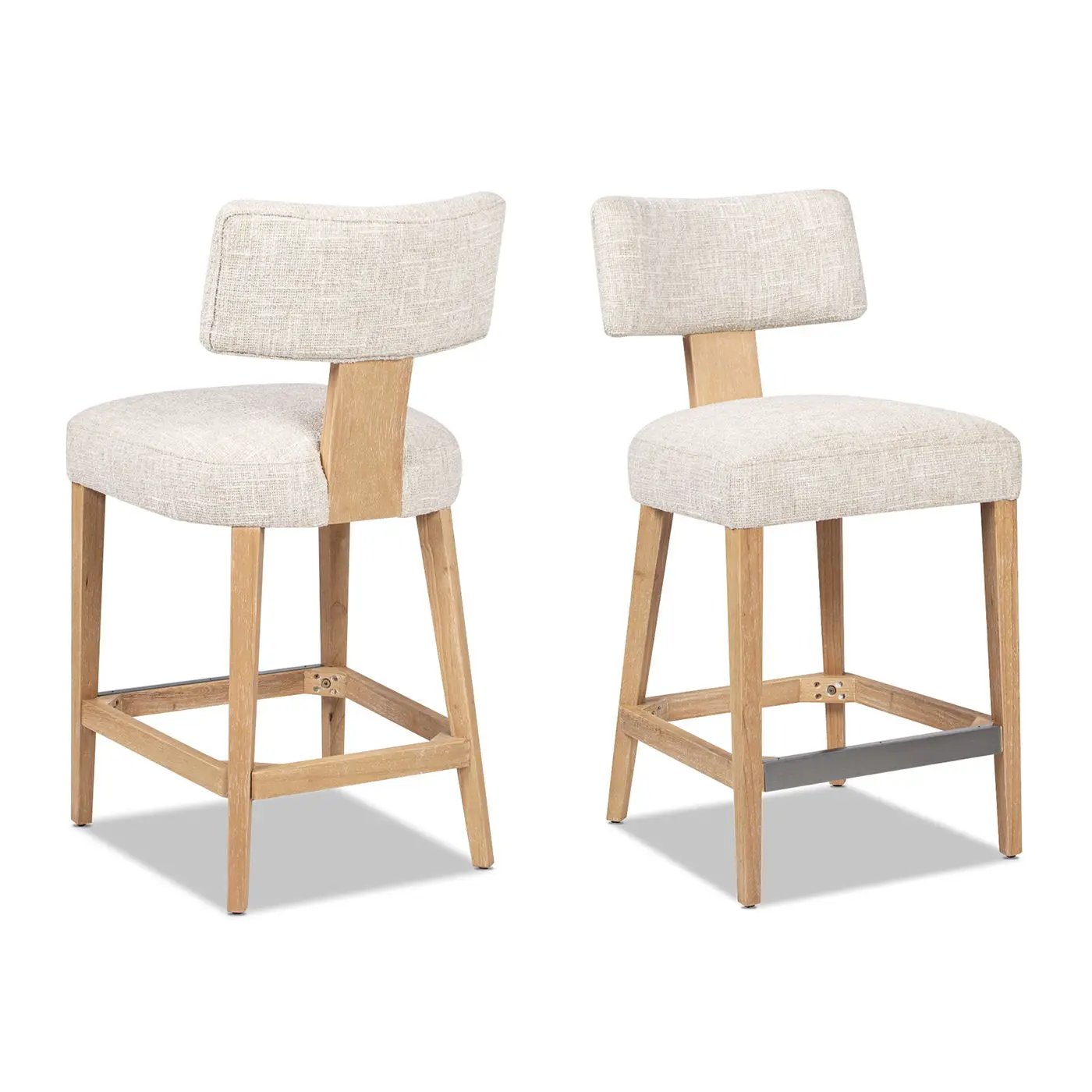 Penny round arched upholstered counter stools set of 2 in travertine beige fabric with wood legs on Tampa Home & Garden Store