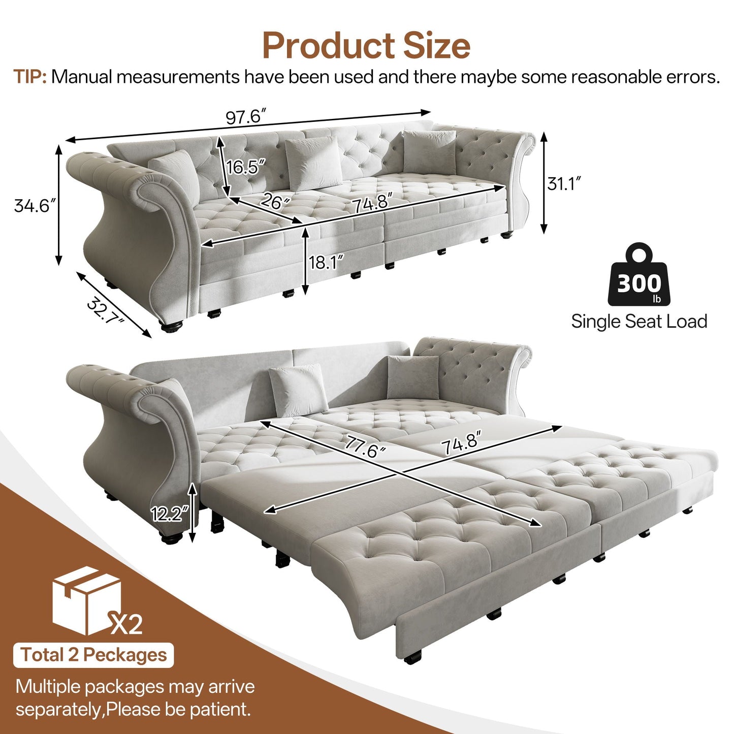 Oversized Chesterfield pull-out sofa bed by HouseOfZazla with tufted light gray fabric on Tampa Home & Garden Store