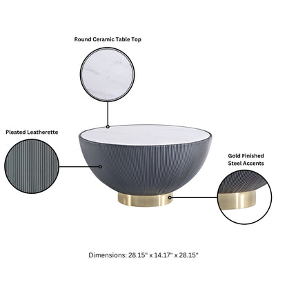 Anderson coffee table round ceramic top on dark pleated leatherette base with gold accents on Tampa Home & Garden Store
