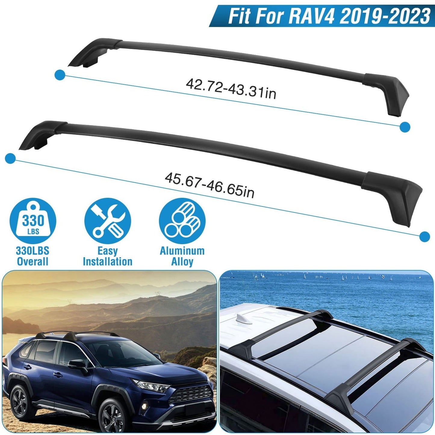 GemGear aluminum roof rack cross bars for Toyota RAV4 2019-2024, pair with side rails, black on Tampa Home & Garden Store