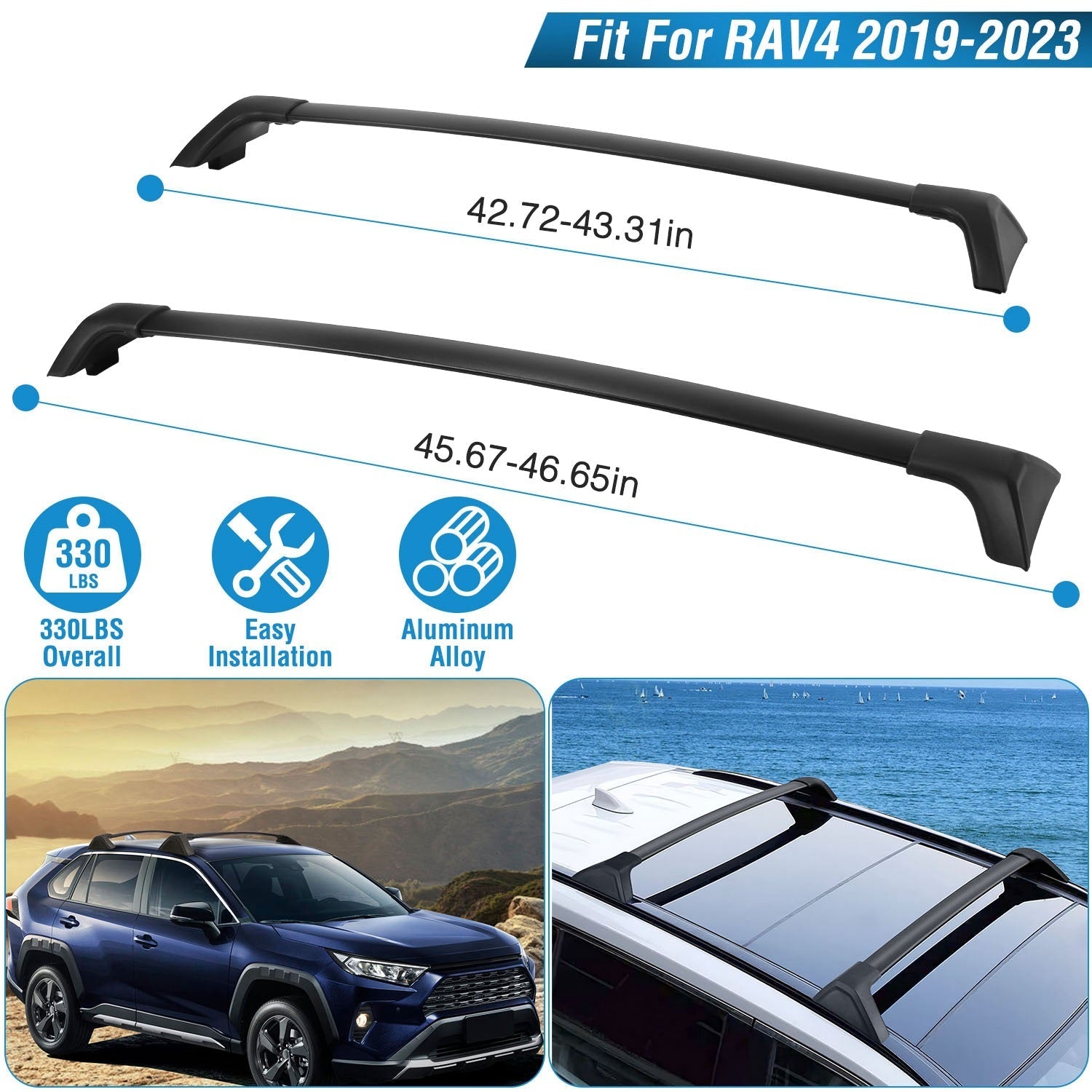 GemGear aluminum roof rack cross bars for Toyota RAV4 2019-2024, pair with side rails, black on Tampa Home & Garden Store