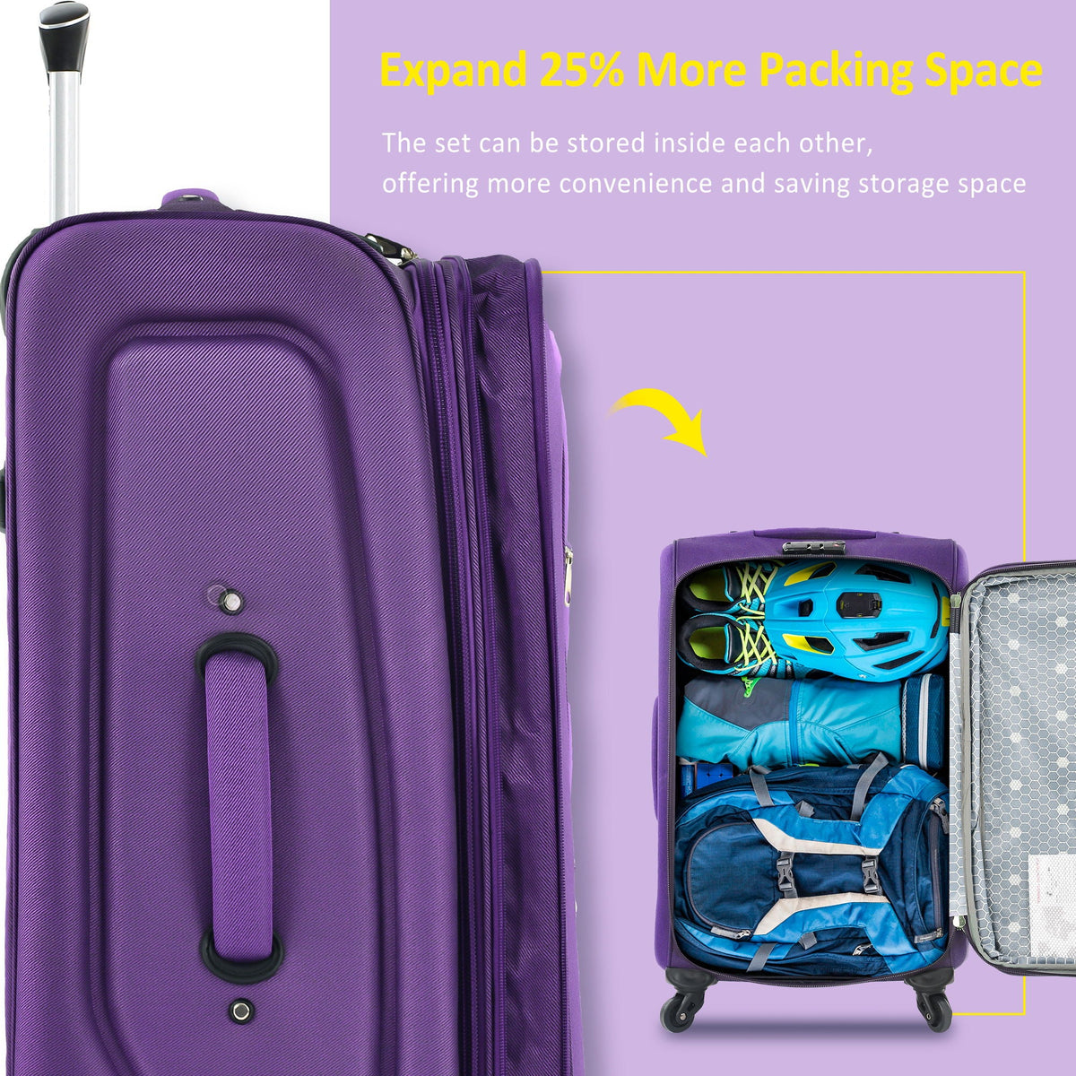 Purple softside luggage set expandable 3-piece upright spinner HouseOfZazla with inside gear on Tampa Home & Garden Store