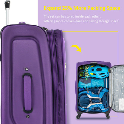 Purple softside luggage set expandable 3-piece upright spinner HouseOfZazla with inside gear on Tampa Home & Garden Store