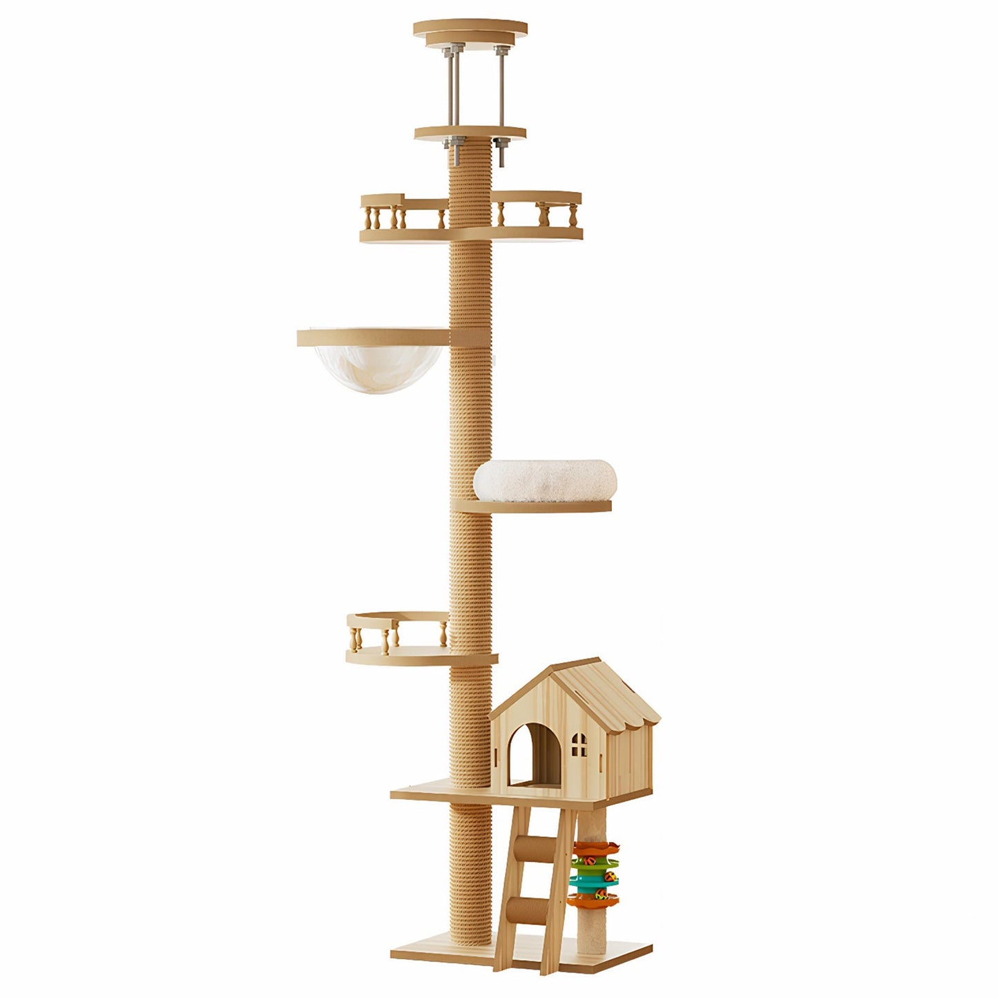 Floor to Ceiling Cat Tree with adjustable height beige condo cave rope post platforms on Tampa Home & Garden Store