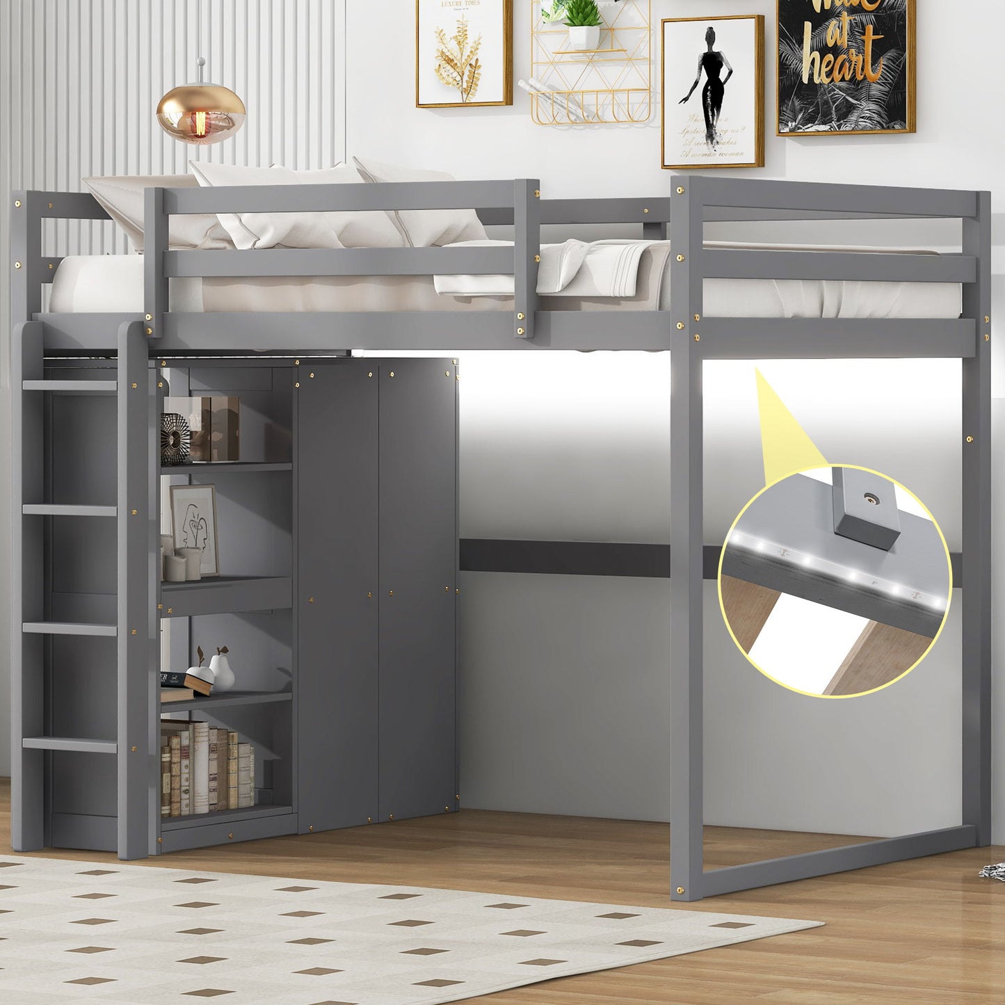 HouseOfZazla gray loft bed with built-in wardrobe, storage shelves, and LED light on Tampa Home & Garden Store