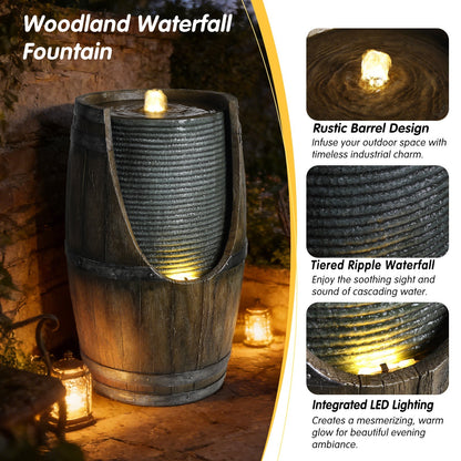 Wooden barrel-style outdoor fountain with integrated LED lighting, rustic wood finish on Tampa Home & Garden Store