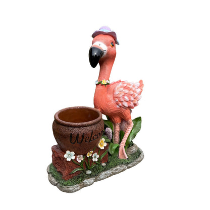 Flamingo flower pot planter statue in pink with hat and floral necklace by HouseOfZazla on Tampa Home & Garden Store