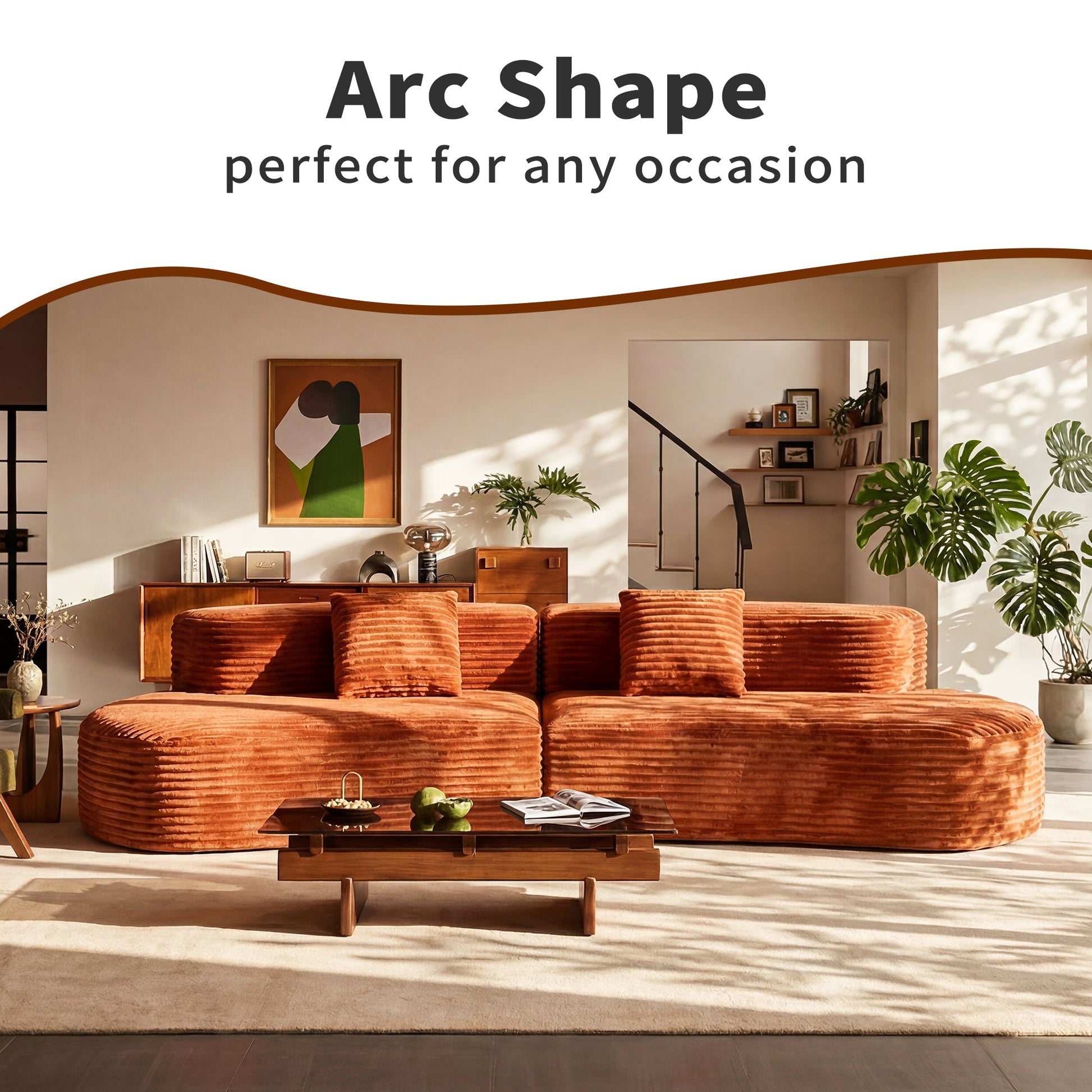 Sectional sofa 108.6-inch curved by HouseOfZazla in burnt orange velvet with ribbed cushions on Tampa Home & Garden Store
