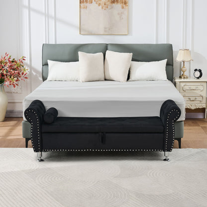 Storage bench by HouseOfZazla with crystal button tufting, gray fabric, chrome trim at foot on Tampa Home & Garden Store
