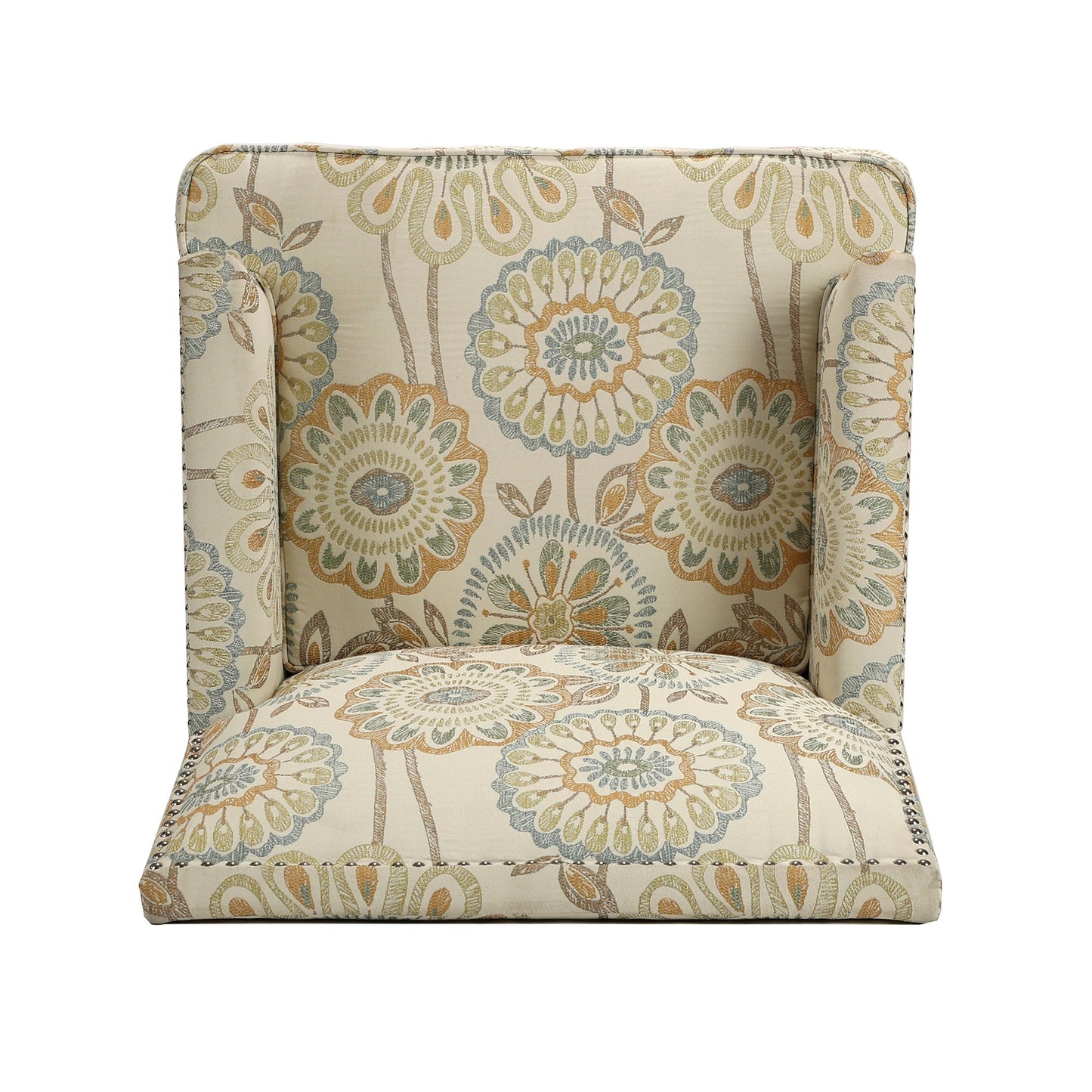 Accent chair beige floral upholstery in multicolor pattern with nailhead trim on Tampa Home & Garden Store