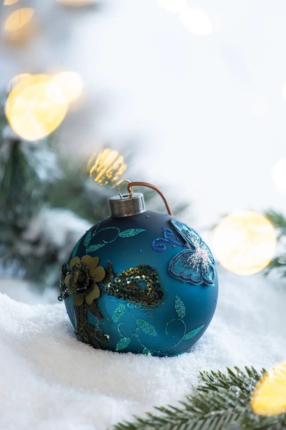 Teal glass Christmas ball ornament with glitter floral embroidery Unique Piece Furniture on Tampa Home & Garden Store