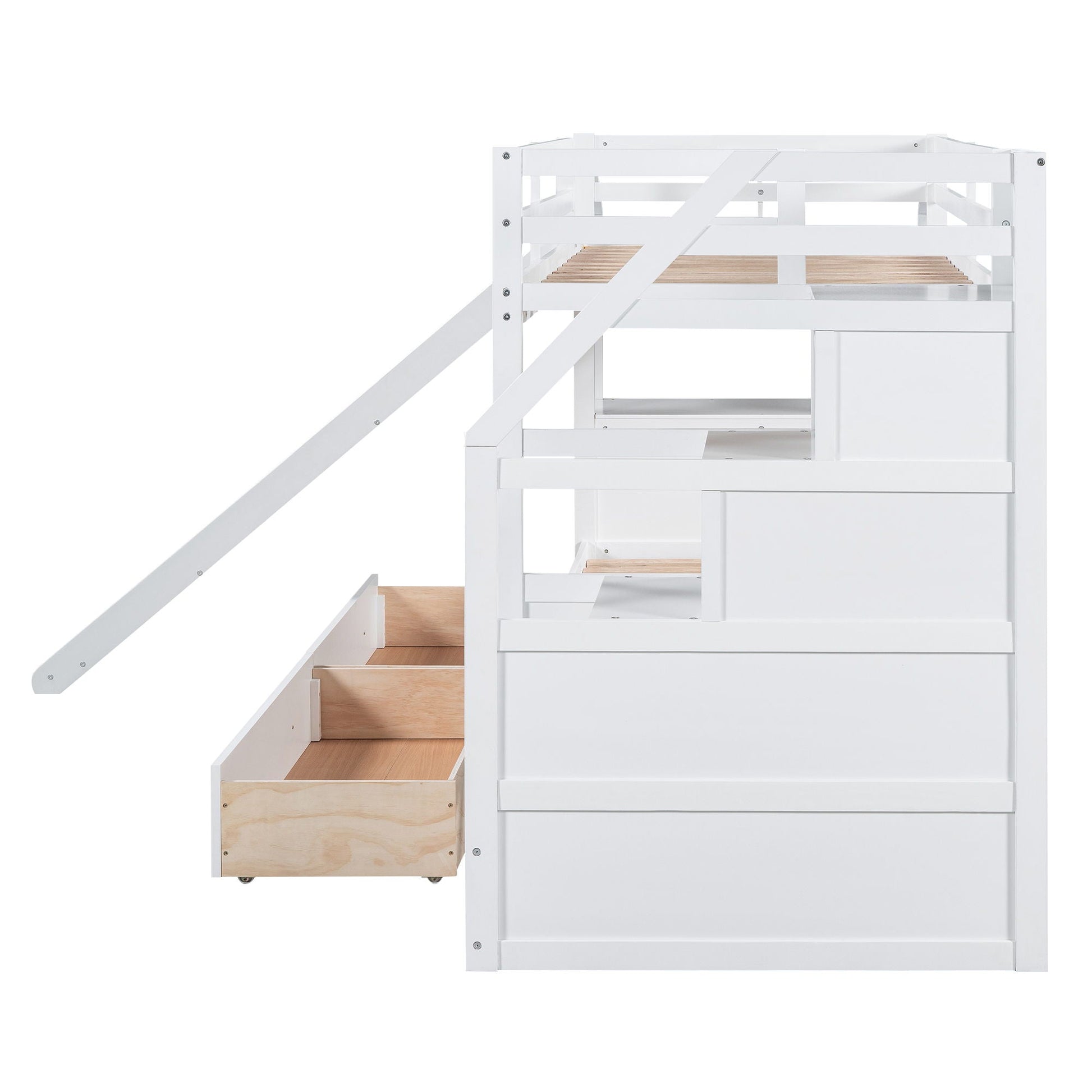Bunk bed with storage staircase, built-in drawers and shelves in white by HouseOfZazla on Tampa Home & Garden Store