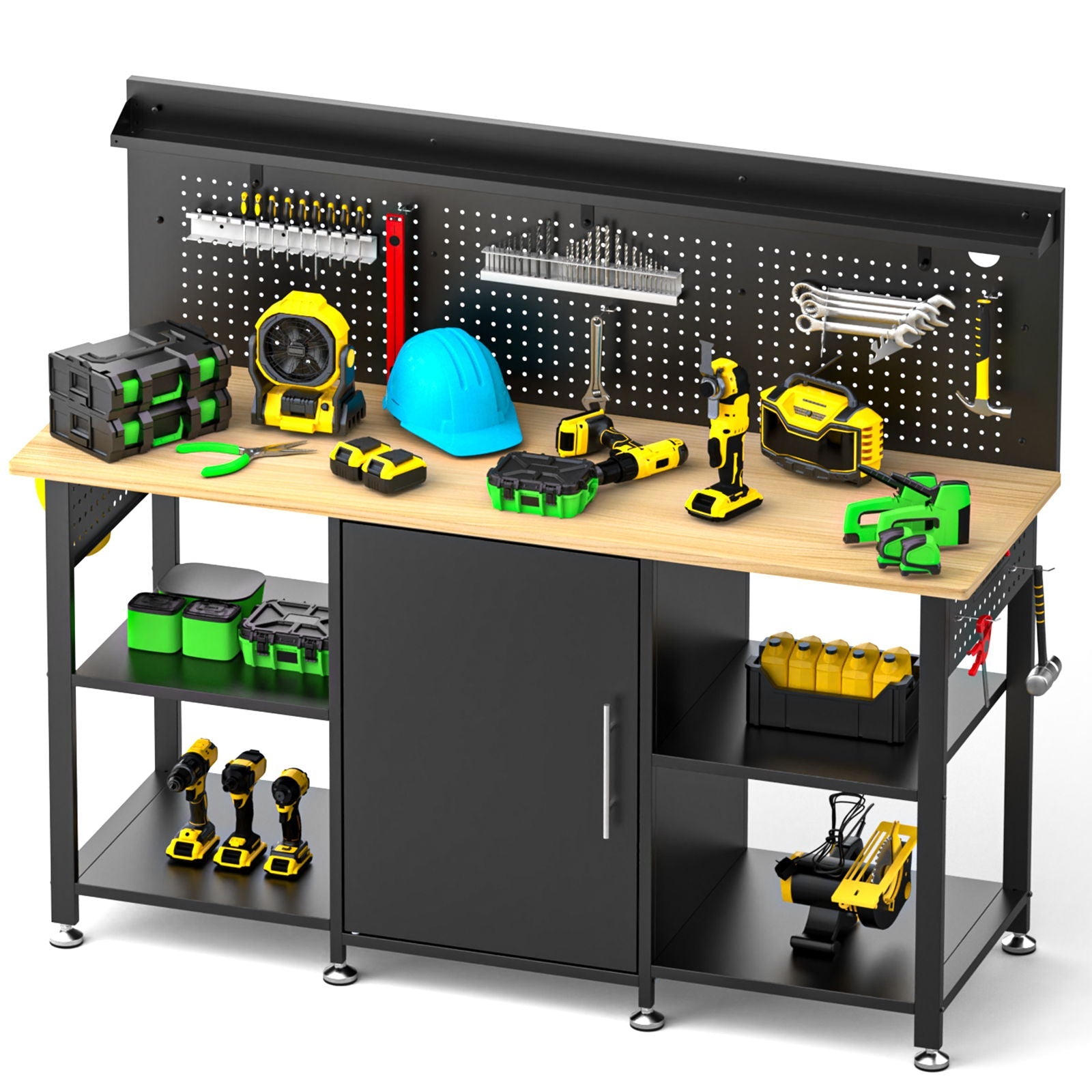 Workbench with pegboard and storage cabinet, black frame, natural wood top on Tampa Home & Garden Store