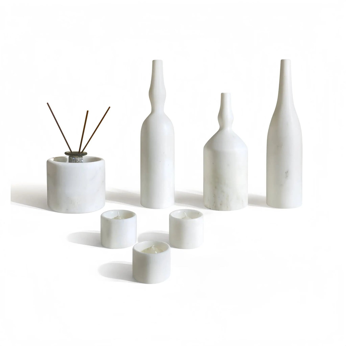 7-Piece Luxury Natural Marble Table Accessory Set featuring white marble vases and candle holders on Tampa Home & Garden Store