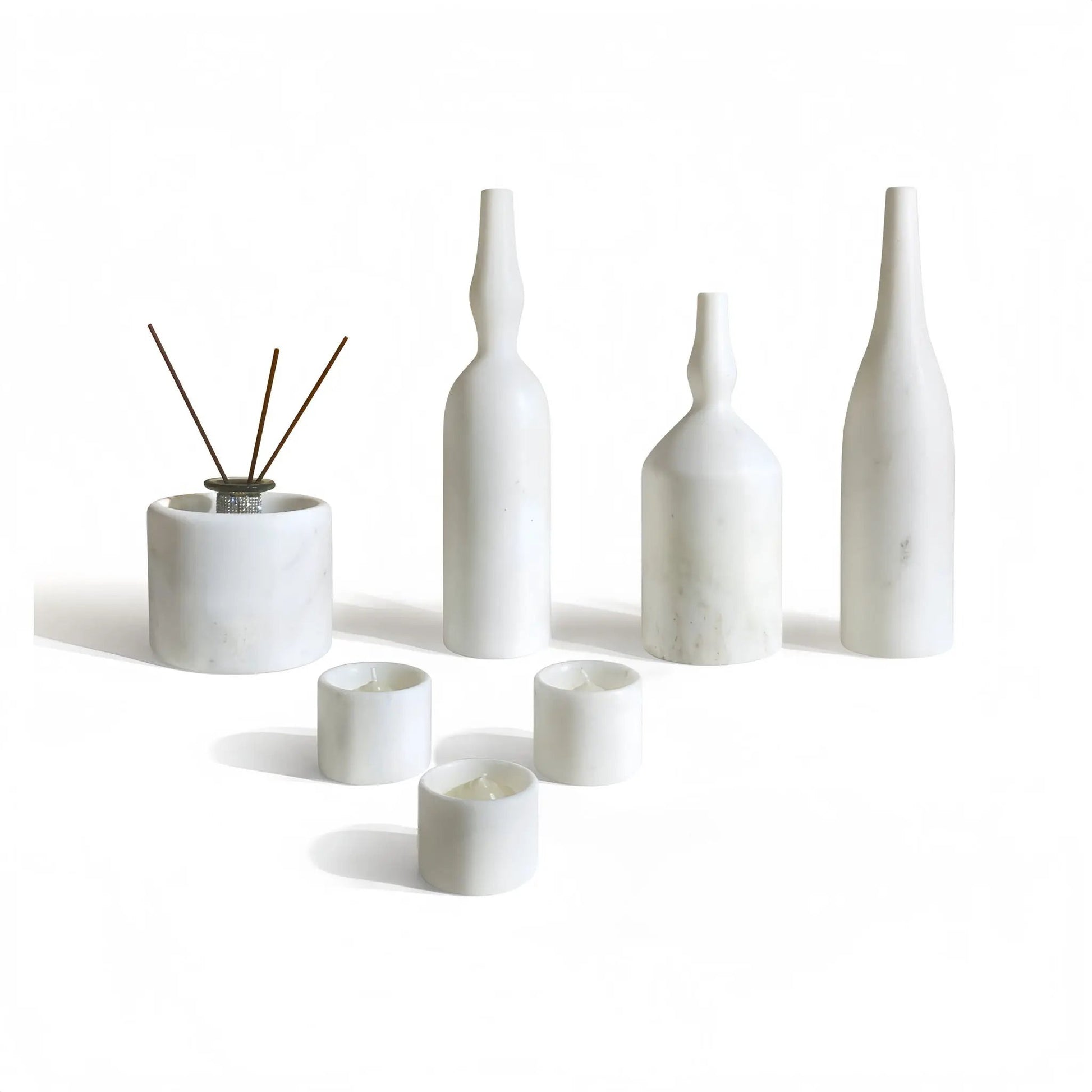 7-Piece Luxury Natural Marble Table Accessory Set featuring white marble vases and candle holders on Tampa Home & Garden Store