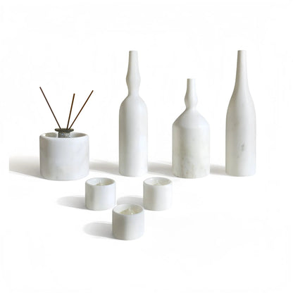 7-Piece Luxury Natural Marble Table Accessory Set featuring white marble vases and candle holders on Tampa Home & Garden Store