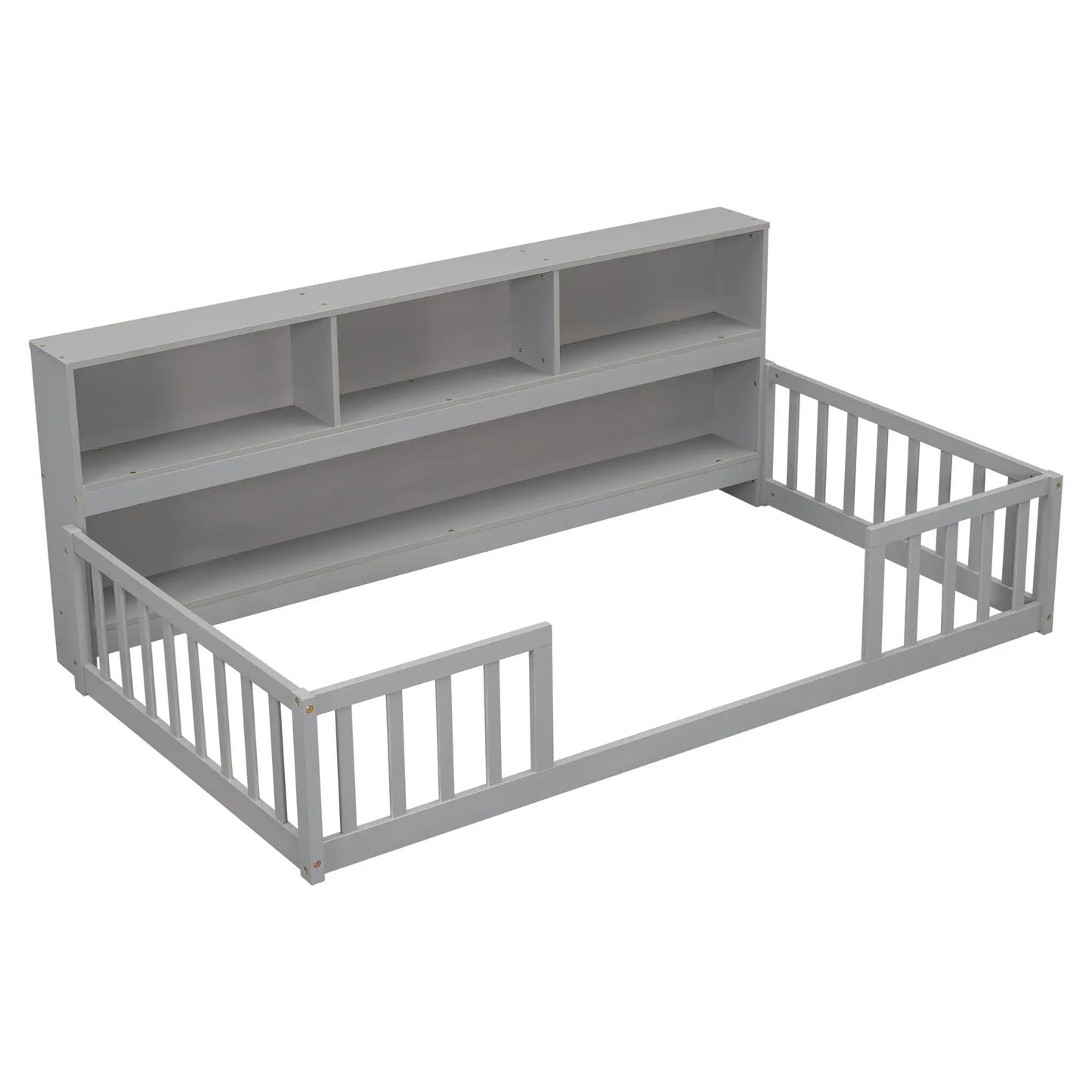 Floor Bed with Bedside Bookcase and Guardrails