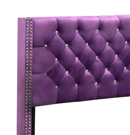 Upholstered Nailhead Trim Chic Bed in purple velvet with diamond tufting and crystals on Tampa Home & Garden Store