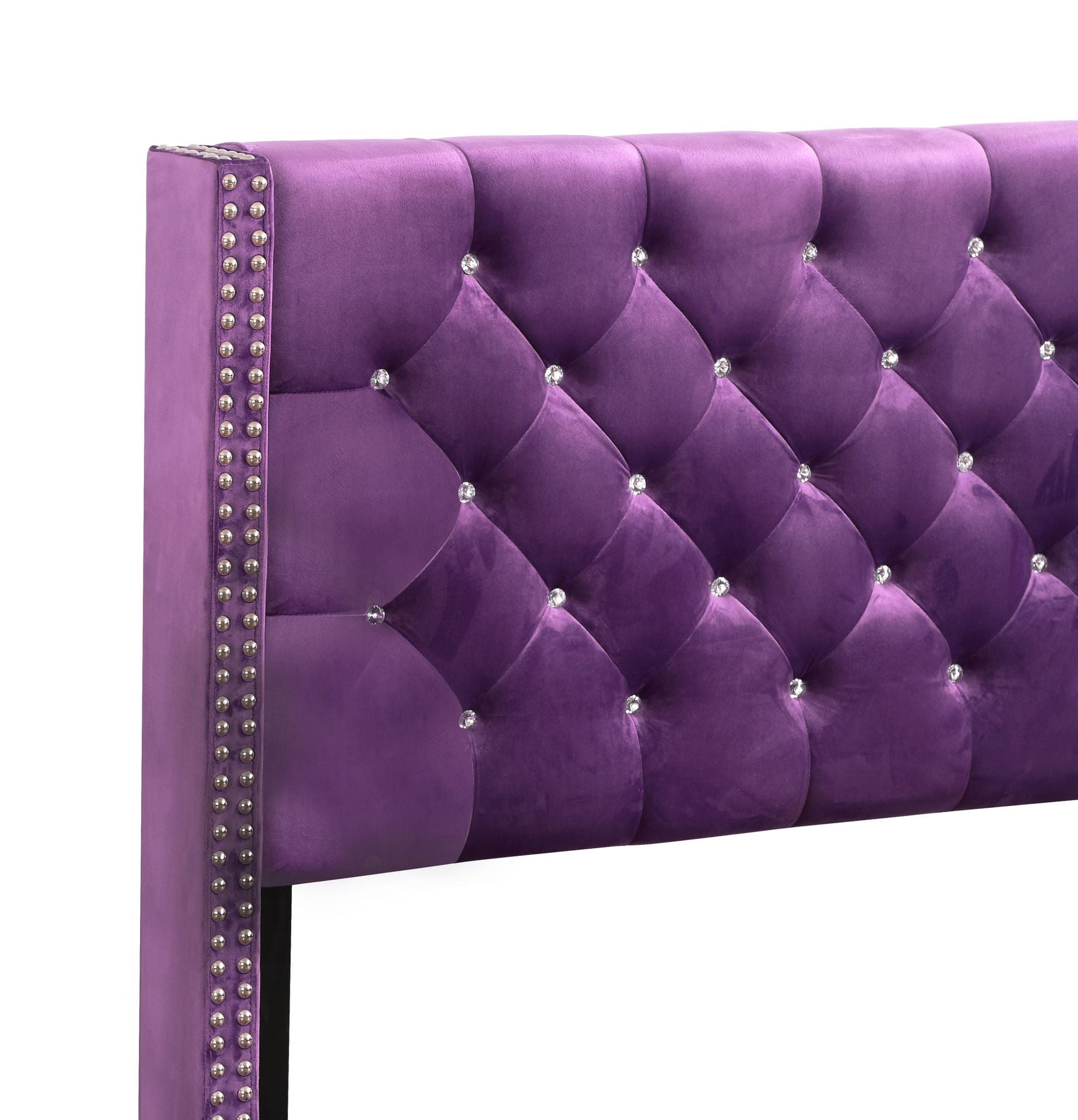 Upholstered Nailhead Trim Chic Bed in purple velvet with diamond tufting and crystal studs on Tampa Home & Garden Store