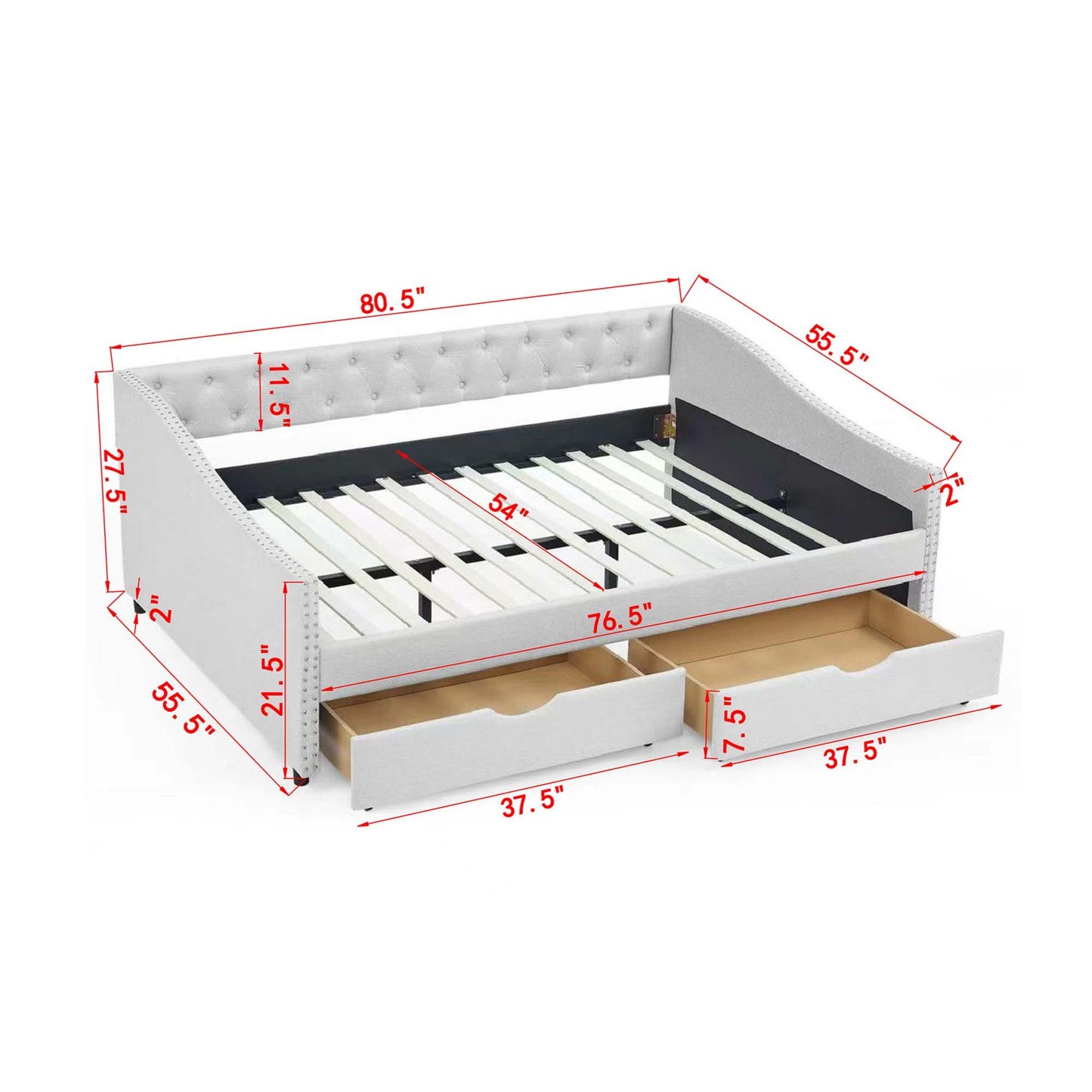 Upholstered Tufted Daybed and Storage Drawers