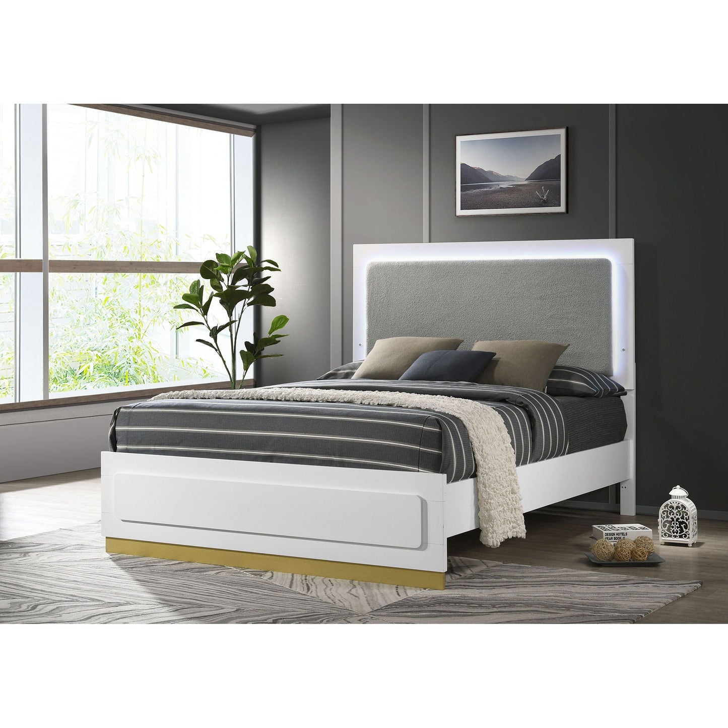 Sophia panel bed by HouseOfZazla with LED headboard, white frame, grey upholstered panel on Tampa Home & Garden Store