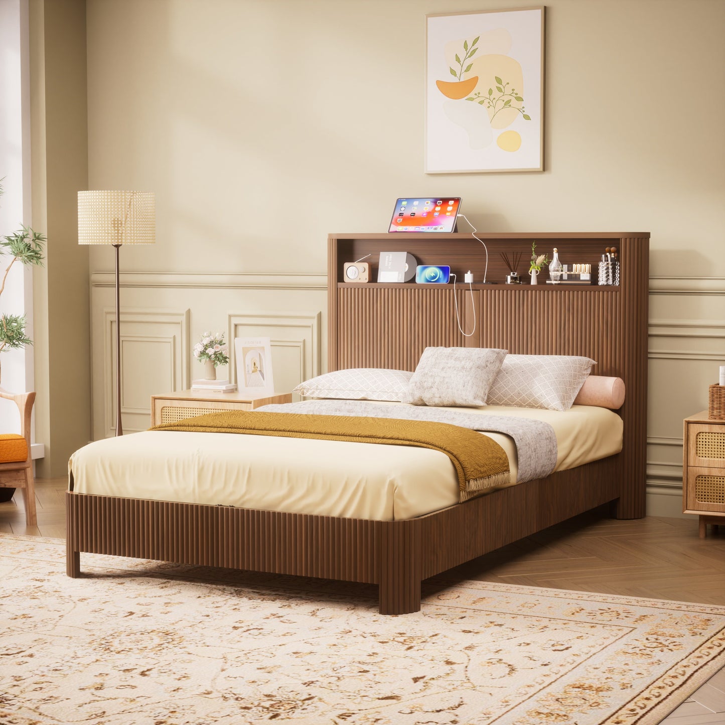 Full Extra Long Bed Frame and Storage Headboard