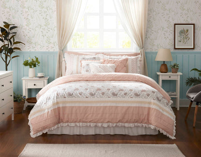 9 Piece Cotton Percale Comforter Set Blush on bed with soft pink quilt and ruffled pillows on Tampa Home & Garden Store