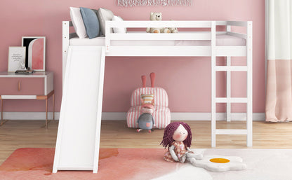 White Solid Wood Full Size Loft Bed and Slide