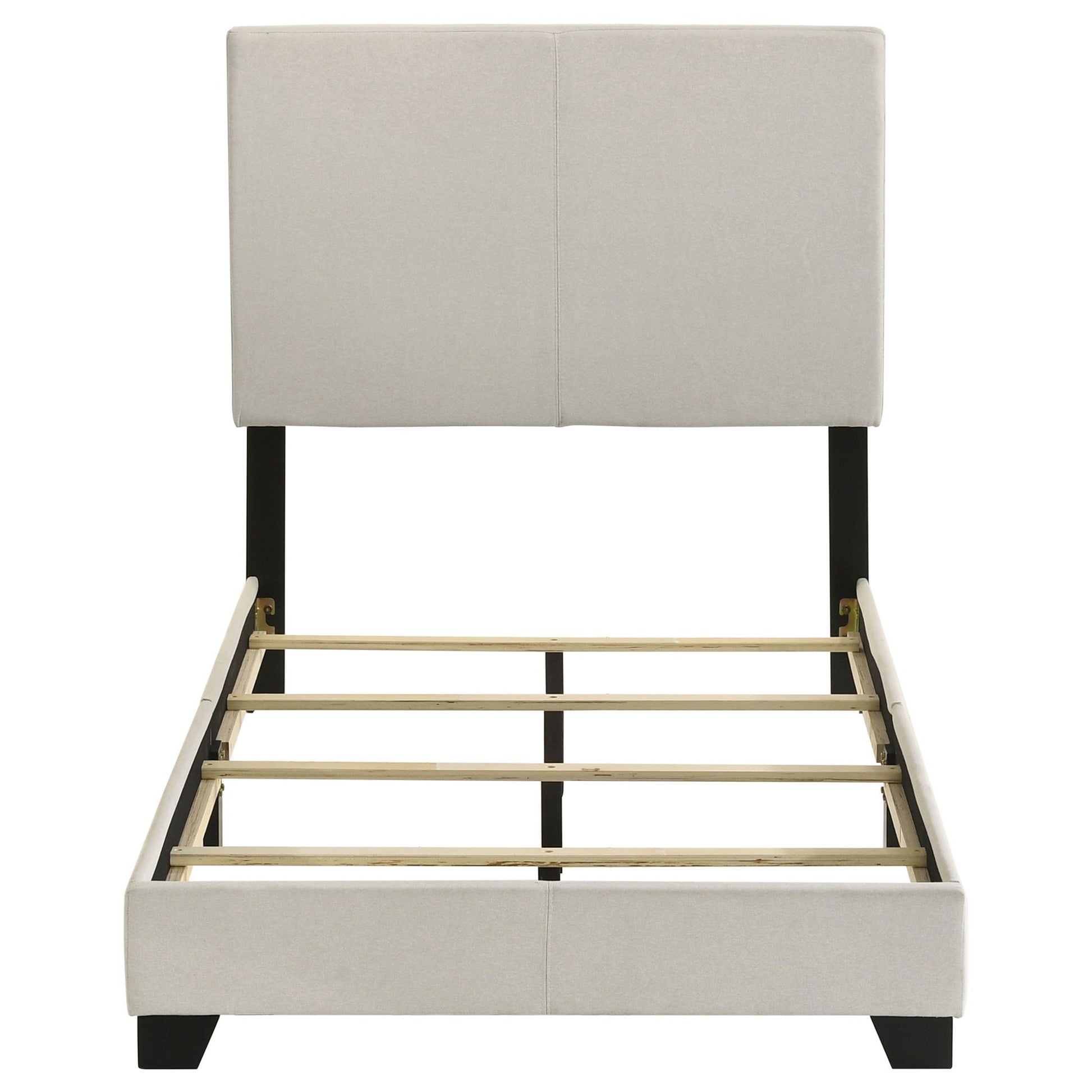 Efram Panel Bed upholstered platform bed frame in light gray fabric with black legs on Tampa Home & Garden Store