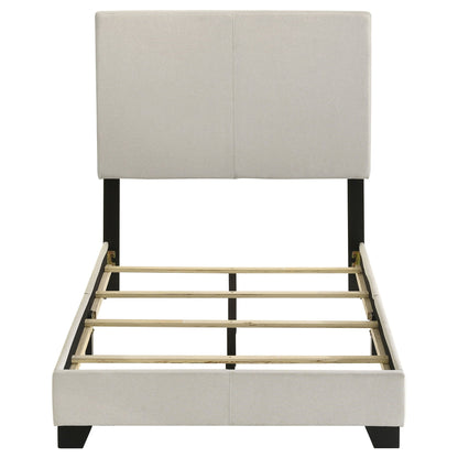 Efram Panel Bed upholstered platform bed frame in light gray fabric with black legs on Tampa Home & Garden Store