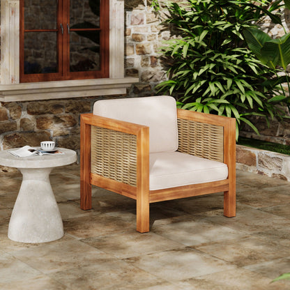 Outdoor club chair with rope-arm and beige cushions in teak frame by HouseOfZazla on Tampa Home & Garden Store