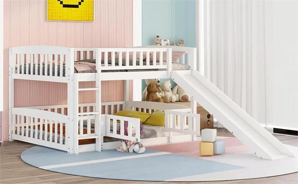 Low Bunk Bed With Slide Fence and Ladder