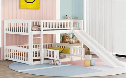 Low Bunk Bed With Slide Fence and Ladder