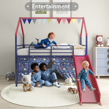 Jack - House Loft Bed With Slide And Curtain Set pink frame space under-bed panels HouseOfZazla on Tampa Home & Garden Store