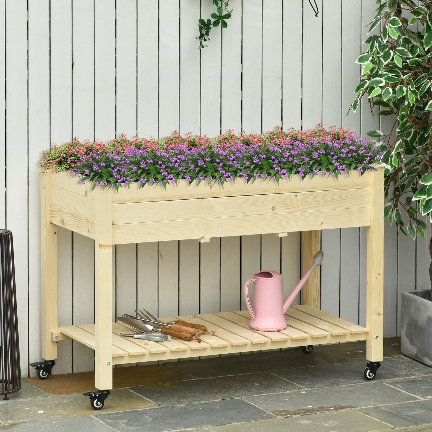 Outsun raised garden bed on wheels in natural wood with storage shelf on Tampa Home & Garden Store
