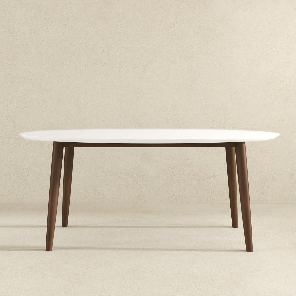 Mid-Century Modern oval dining table with white top and solid wood legs on Tampa Home & Garden Store
