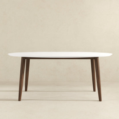 Mid-Century Modern oval dining table with white top and solid wood legs on Tampa Home & Garden Store