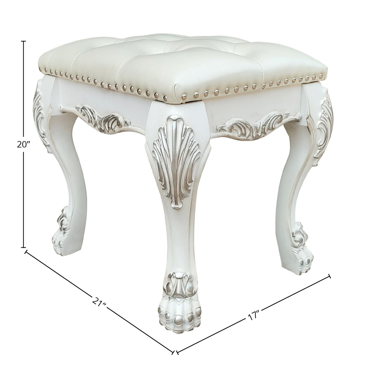 Bone white vanity stool with foam PU leather seat, nailhead trim, carved legs HouseOfZazla on Tampa Home & Garden Store