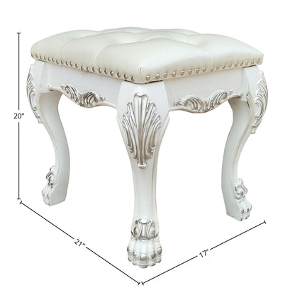 Bone white vanity stool with foam PU leather seat, nailhead trim, carved legs HouseOfZazla on Tampa Home & Garden Store