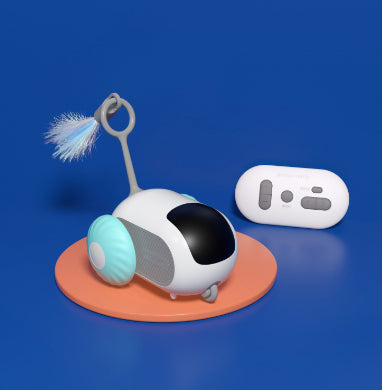 Remote control cat car toy with white body, turquoise wheel, orange base, feather teaser on Tampa Home & Garden Store