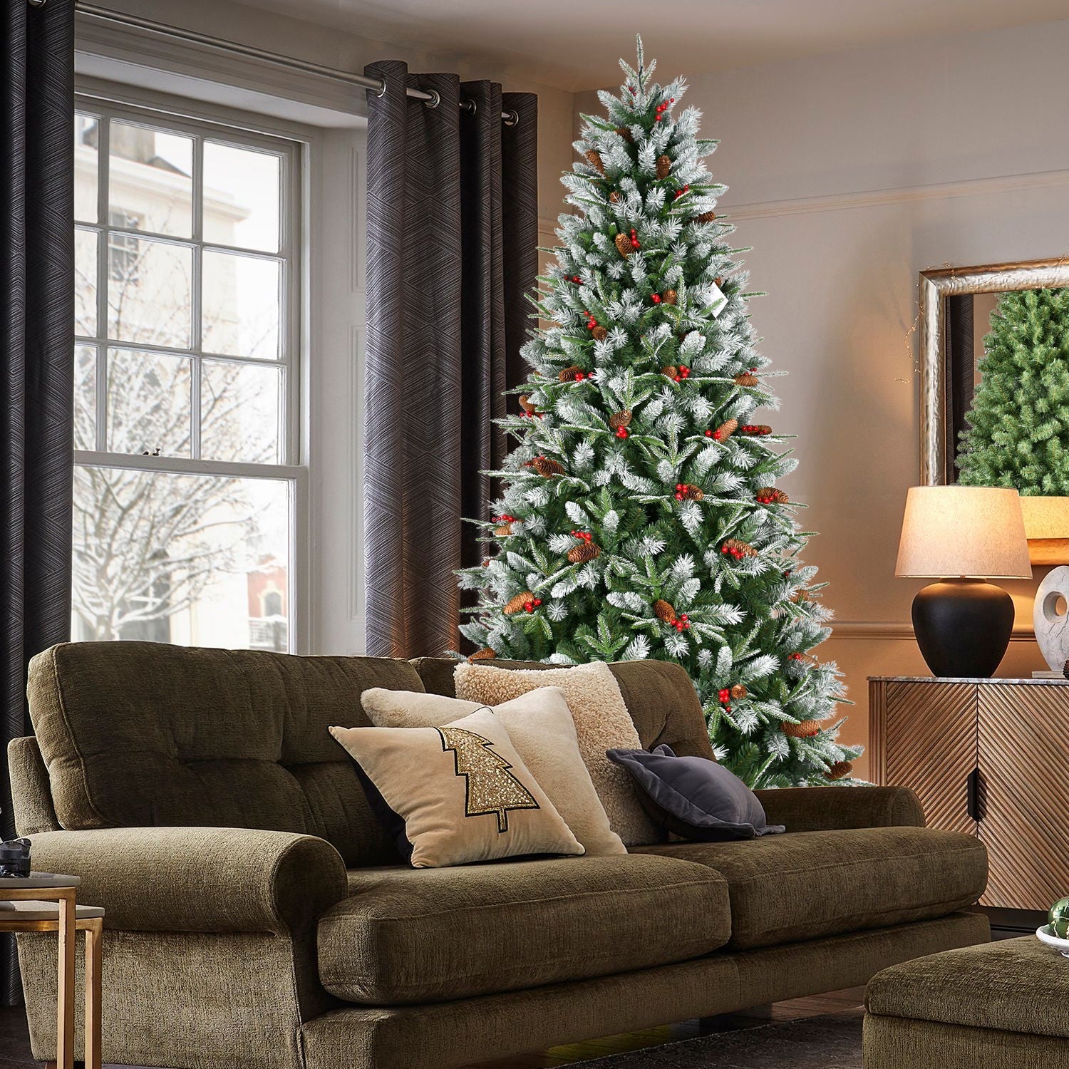 7.5-Foot Snow-Tipped Woodland Christmas Tree HouseOfZazla with needles and red berries on Tampa Home & Garden Store